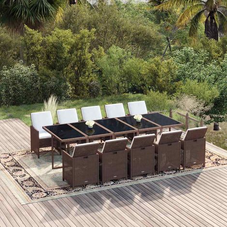 vidaXL Set da Pranzo da Giardino 11 pz con Cuscini Polyrattan Marrone (1/5)
