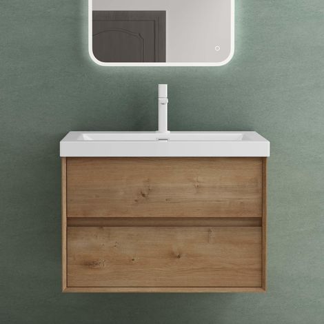 Mai & Mai Badmöbelset Badezimmermöbel Waschbeckenunterschrank 2 Schubladen mit Soft-Close inkl. Waschbecken aus Mineralguss Kerneiche 76,5 cm Rimo
