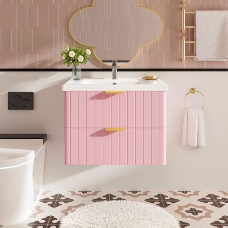 Modernluxe - Meuble de salle de bain suspendu - avec une vasque en céramique - avec 2 tiroirs - Rose (robinet non inclus) (1/5)