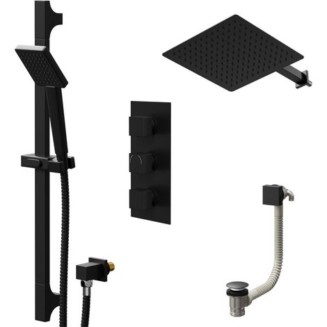 Colore Square Matt Black Concealed Triple Thermostatic Shower Valve with Diverter and 300mm Fixed Head with 345mm Wall Arm and Slide Rail Kit with Free-Flow Bath Filler - 3 Outlet (1/5)