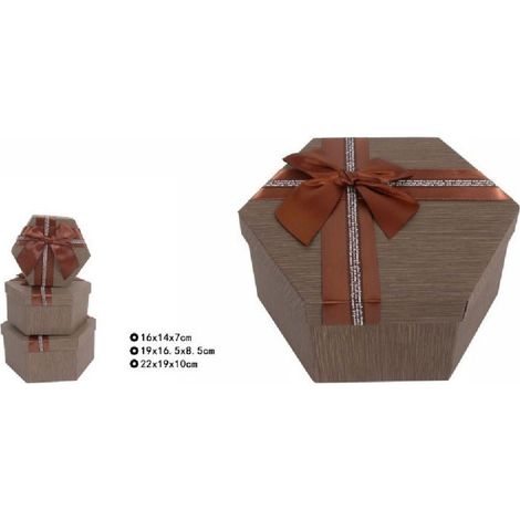 Set 3 Pcs Boîtes Cadeaux Différentes Tailles Hexagonales Marron Avec Noeud 69353