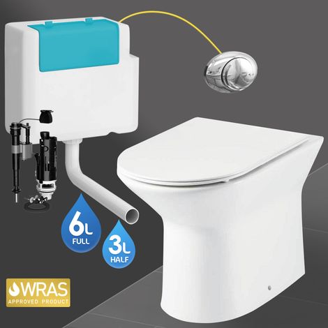 Rimless D Shape Back to Wall Toilet Pan, Seat & BTW Concealed Cistern with Dual Flush Button Plate (1/4)