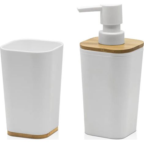 Set bagno dispenser e portaspazzolino bianco opaco con dettagli in bambù (1/5)