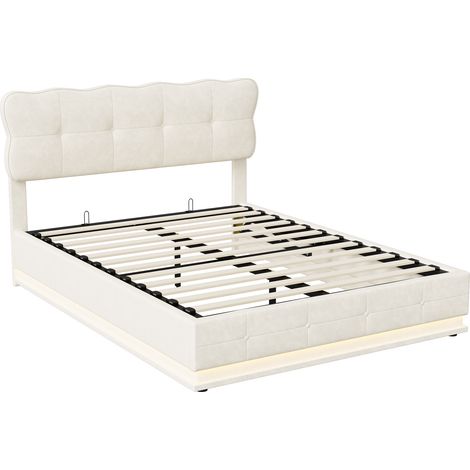 Bettrahmen 140 x 190 cm, LED, hydraulisch, mit Lattenrost, Doppelbett, Samt, Beige (1/5)