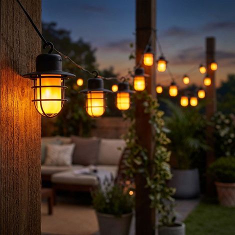 Catena luminosa solare, lampada solare, lampada da giardino da esterno a LED, effetto fiamma, picchetto a batteria, nero, 24 lanterne a LED, bianco caldo, DxL 8x200 cm