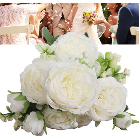 3 bouquets de 5 roses persanes artificielles blanches, noués à la main, pour mariage, salon ou décoration intérieure. (1/5)