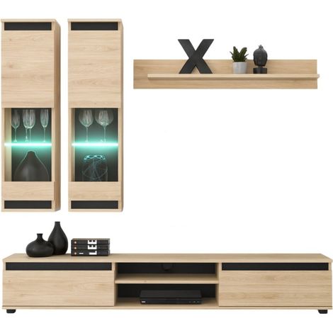 Wandkomposition DOMO – TV-Möbel, 2 hängende Vitrinen und Wandregal – Helles Eichenholz und Schwarz