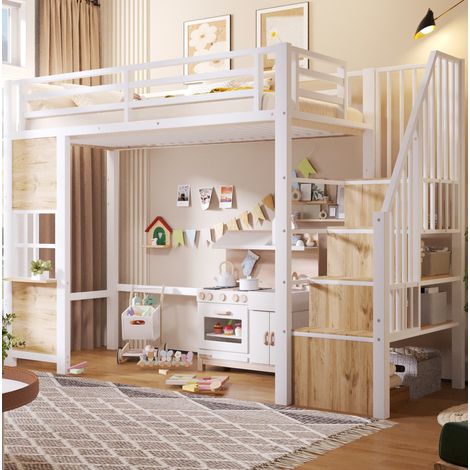 Cama alta 90x200 cm, con escalera con almacenaje, zona de juego inferior, estructura de metal y MDF, blanca (1/5)