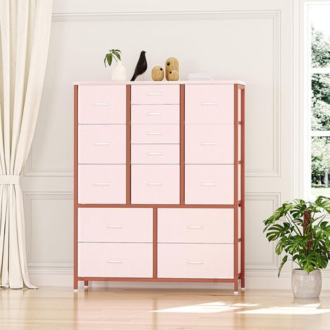 Commode de Chambre, Commode de Rangement avec 15 Tiroir en Tissu avec Cadre en Métal pour Chambre, Salon, Couloir, Armoire à Tiroirs Grand Espace 100x30x123 cm Rose (1/5)