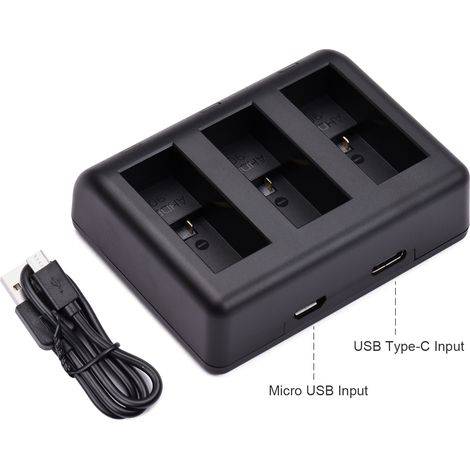 Chargeur de batterie pour caméra d'action à 3 emplacements, charge rapide, avec entrées micro USB et USB-C, compatible avec les batteries GoPro Hero 9 et 10. (1/2)