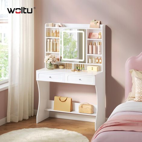 WOLTU Tocador, tocador de maquillaje con espejo y luz ajustable, tocador que ahorra espacio con 2 cajones, 8 compartimentos abiertos y armario, moderno, blanco (1/5)