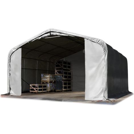 6x6m hangar TOOLPORT, porte 4,1x2,9m, toile PVC 850 N gris avec statique (type de sol : terre)