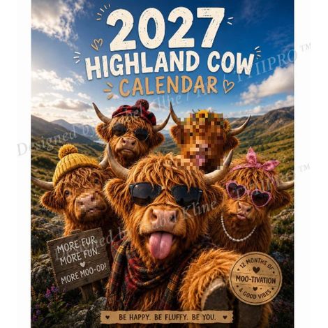 2027 Funny Highland Cow Wall Calendar - Cute Highland Cow 2027 - Highland Cow Style B Calendar