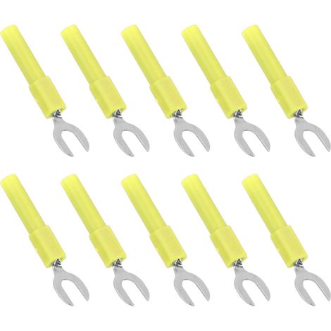 Lot de 10 connecteurs de fils en forme de fourche et de pelle, en laiton, type Y 6 mm/0,2 pouce, fiche banane 4 mm/0,2 pouce, maximum 30 Vca-60 Vcc, 10 A, jaune. (1/5)