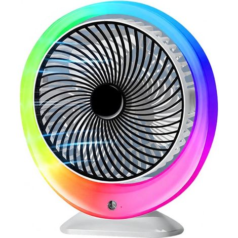 Ventilateur de bureau LED multicolore – USB rechargeable, 3 vitesses, 1200 mAh, grand angle – Éclairage d’ambiance dégradé