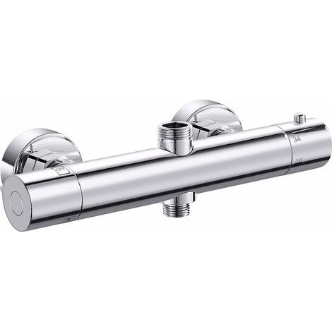 Mitigeur thermostatique de douche,Robinet de douche thermostatique cylindrique à double sortie,Supérieur G3/4 BSP (26,4 mm) + Inférieur G1/2" BSP (21 mm), argent (une pièce)