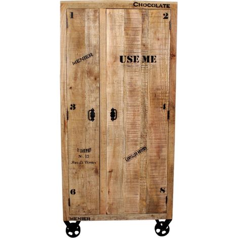 Armoire Penderie en Bois de Manguier Recyclé et Métal Noir Style Industriel à Roulettes - PANGIVO (1/5)