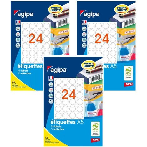 3 paquets de 384 étiquettes rondes adhésives blanches diamètre 30mm 24 étiquettes par planche A5 Apli/Agipa
