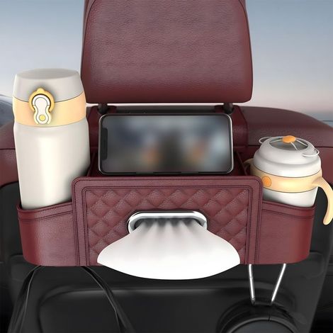 Boîte Rangement Voiture Siège, Organisateur Multifonction Plastique avec Porte-gobelet et Boîte à Mouchoirs, Accessoire de Voyage Rouge Vin (1/5)