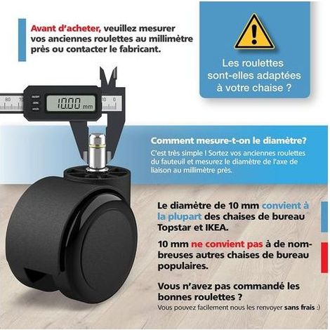 Jeu de 5 Roulettes de chaises de bureau 10 mm x 22 mm - - Roulettes pour sols durs jusqu'à 175 kg - - Roues pour chaises pivotantes - - Installation f (1/5)