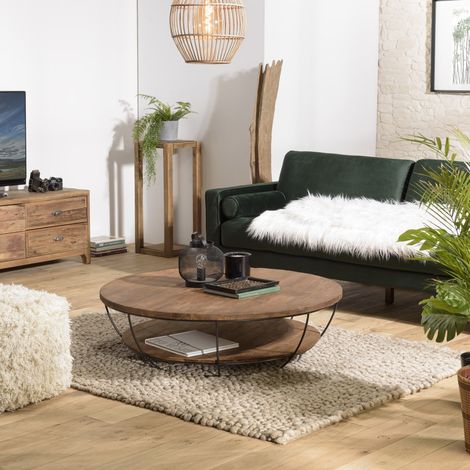 SIXTINE - Table basse plateau 120x120cm bois Teck recyclé métal noir (1/5)