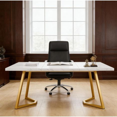 Scrivania 140 x 80 x 75 cm in metallo e legno, bianca e dorata, con piedini regolabili OKMYHOME (1/5)