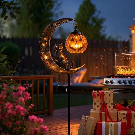 Lampe solaire d'Halloween en forme de citrouille, chat noir et lune, à piquer dans le jardin, étanche, décoration extérieure pour Halloween (1/5)