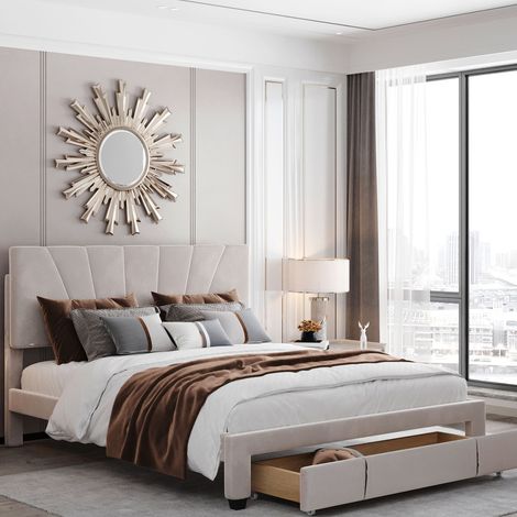 Letto con Testiera Imbottito 140 x 200 cm, rete a doghe e ampio cassetto, tessuto flanella delicato sulla pelle, beige (1/5)