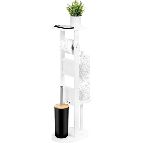 Standing Toilet Roll Holder Bamboo with Brush Bathroom White (1/5)