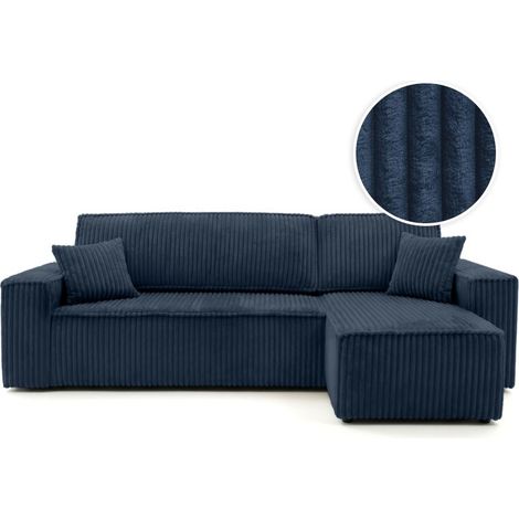 Canapé d'angle convertible et réversible 4 places FARAH en velours cotelé épais - Bleu foncé (1/5)