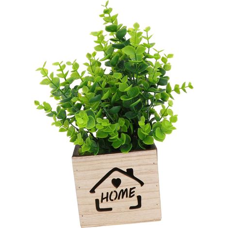 Pot Carré pour Plantes Artificielles avec Boîte Plastique Imitation Bois Et Eucalyptus Vert (1/5)
