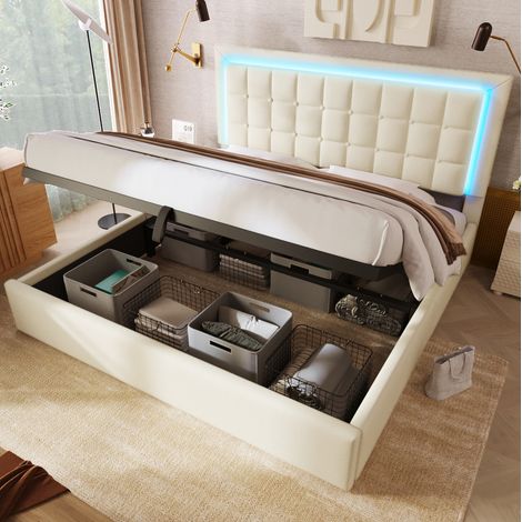 REDOM - Letto contenitore 160x200 cm con LED e doghe in PU bianco (Con materasso) (1/5)