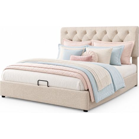 Lit coffre hydraulique 140x200 cm avec tête de lit réglable, sommier à lattes, grand rangement, tissu doux, cadre métal, coloris Naturel  CHICFURN (1/5)