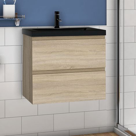 Waschtisch mit Schwarzes Waschbecken Waschbeckenunterschrank Badmöbel 60cm Eichenfarben Schrank mit schwarzes Waschbecken