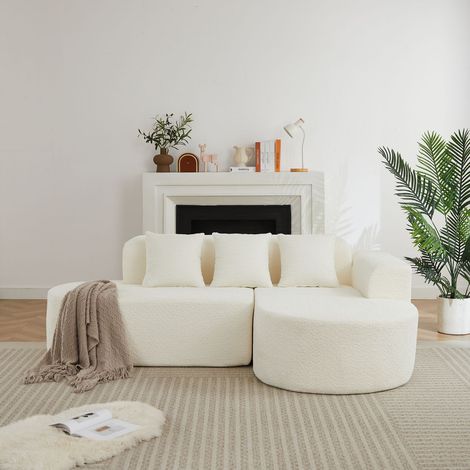 Canapé d'Angle forme en L en chenille coloris crème 3 coussins de dossier méridienne à droite design arrondi (1/5)