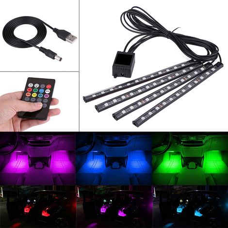 5V 4x 12SMD Bande LED RGB Intérieure Voiture Lumière d'Ambiance Pied Télécommande (1/5)