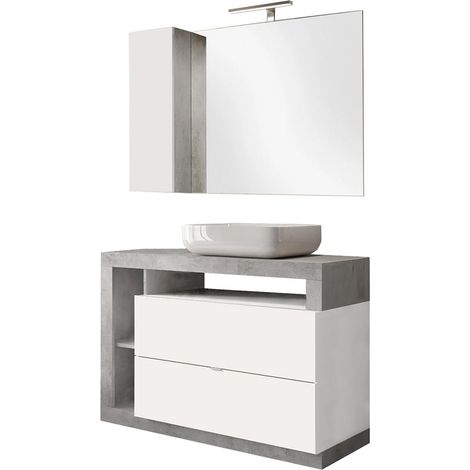 ARTURO - Meuble Vasque 110cm + Miroir blanc et aspect béton (1/5)