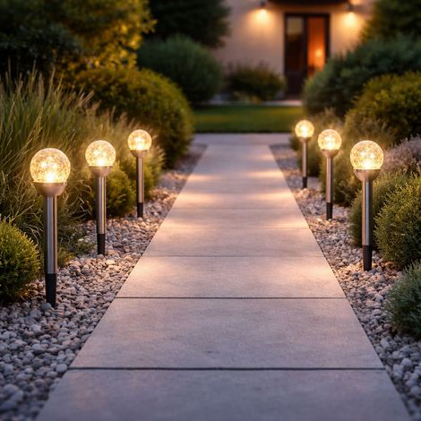 Lampada solare con picchetto da terra, lampada da esterno, sfera in vetro, lampada da giardino, plastica, argento, acciaio inox, batteria, LED bianco caldo, H 34,5 cm, set da 6