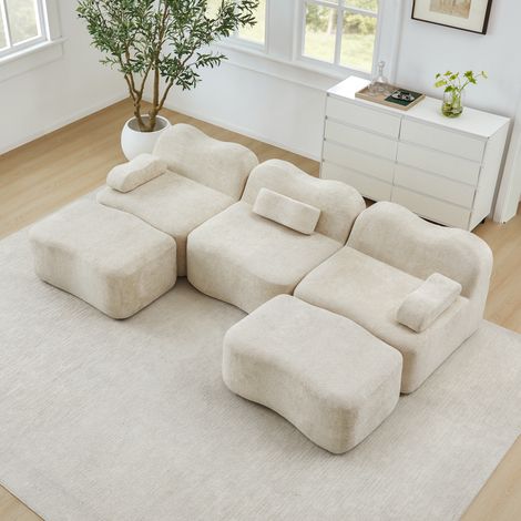 Canapé panoramique en U 3 places 288 cm avec 2 poufs - modulable sans montage - mousse 32D - velours doux - coussin d’accoudoir mobile - Beige (1/5)