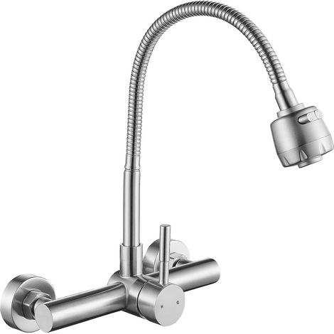 Robinet de cuisine mural avec un centre de 8 pouces et un pulvérisateur flexible, robinet mélangeur en acier inoxydable, robinet d'évier brossé en nickel, sans plomb. (1/5)