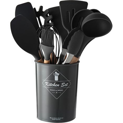 Juego de 9 utensilios de cocina de silicona con soporte de almacenamiento, mangos de madera resistentes a los arañazos, 200 °C, sin BPA, para cocineros. (1/5)