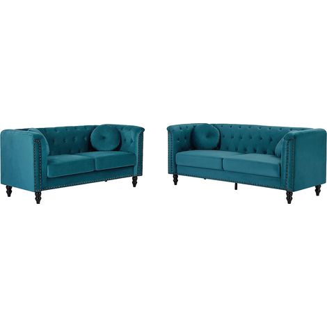 Vente-Unique – Canapé convertible 3 places en velours bleu canard – Style chesterfield – Assise déhoussable – Confort équilibré – Dimensions 190x77x79 cm (1/5)