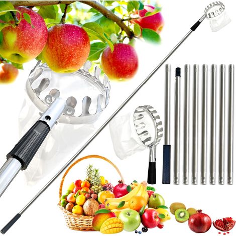Cueille-fruits avec manche télescopique, 3,2 m, avec sac en tissu, facile à monter, cueille-cerises, cueillette de fruits pour récolte des pommes, oranges, poires de pêche, cerises (1/4)