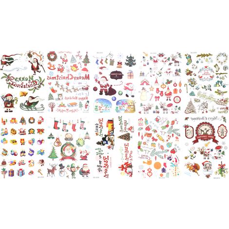 10 tatouages temporaires de Noël waterproof motifs dessin animé longue durée stickers auto-collants (1/5)