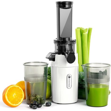 Extracteur de Jus - Slow Juicer Pression Douce 60 Tours, Presse à froid, Fonction de Mastication Inversée, Extracteur de Jus de Fruits et Légumes Sans BPA, Facile à nettoyer, Blanc (1/5)