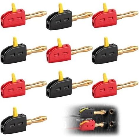 Lot de 10 fiches bananes 4 mm - 32 A - Pour haut-parleurs, courant élevé - Connecteur rapide - Plaqué or - Rouge et noir