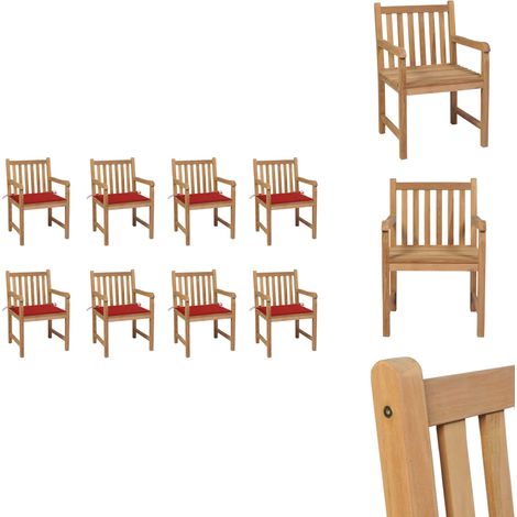 Chaises de jardin lot de 8 avec coussins rouge Bois teck massif - Chaise De Jardin - Mobilier De Jardin - Set De Chaises - Terrasse - Jardin (1/5)