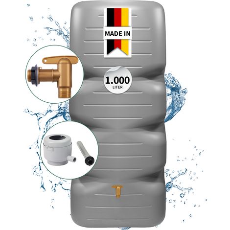 GARANTIA CUBUS Regentonne Komplett-Set 1000 Liter, betongrau inkl. Kunststoff-Auslaufhahn und Fallrohranschluss