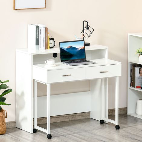 Bureau gain de place pour chambre et bureau. Bureau avec tiroirs et roulettes. Poste de travail simple ou double. 100 x 36 x 88 cm. Blanc