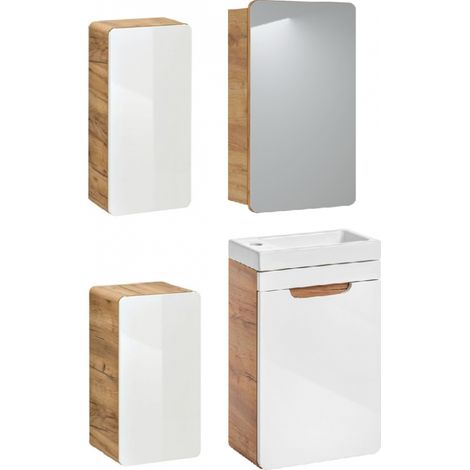 Ensemble salle de bain avec meuble vasque 40 x 20 cm + cabinet miroir + armoires - Archipel White - Livraison gratuite